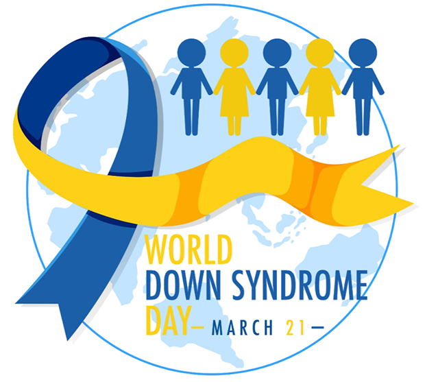 World Down Syndrome Day - March 21 - Image with Ribbon in blue and gold and the planet Earth.