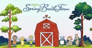Image of a cartoon barn with children and animals playing with text that reads: The Barn at Spring Brook Farm