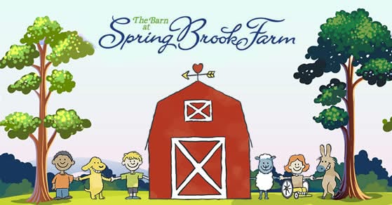 Image of a cartoon barn with children and animals playing with text that reads: The Barn at Spring Brook Farm